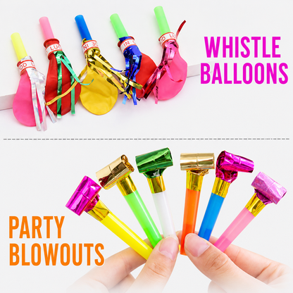 40 Piece Party Whistle and Blowout Set - 20 Whistle Balloons and 20 Party Blowers, Colourful Noise Makers for Birthdays, Celebrations and Party Bags