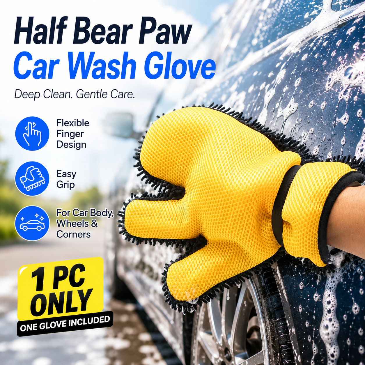 Half Bear Paw Car Wash Glove Chenille Microfiber Cleaning Mitt Soft Scratch-Free Auto Wash Mitt Flexible Split Finger Car Cleaning Glove for Car Body Wheels Windows Interior Exterior, 1 Piece