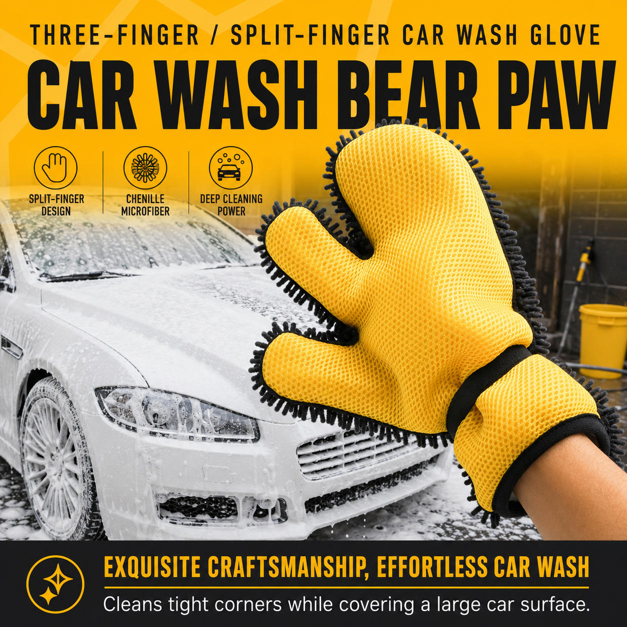 Half Bear Paw Car Wash Glove Chenille Microfiber Cleaning Mitt Soft Scratch-Free Auto Wash Mitt Flexible Split Finger Car Cleaning Glove for Car Body Wheels Windows Interior Exterior, 1 Piece