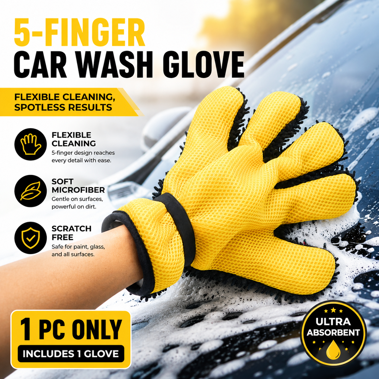 Five Finger Car Wash Glove Chenille Microfiber Cleaning Mitt Soft Scratch-Free Auto Wash Glove Breathable Mesh Wash Mitt with Elastic Wrist Strap for Cars Wheels Windows Motorcycle, 1 Piece