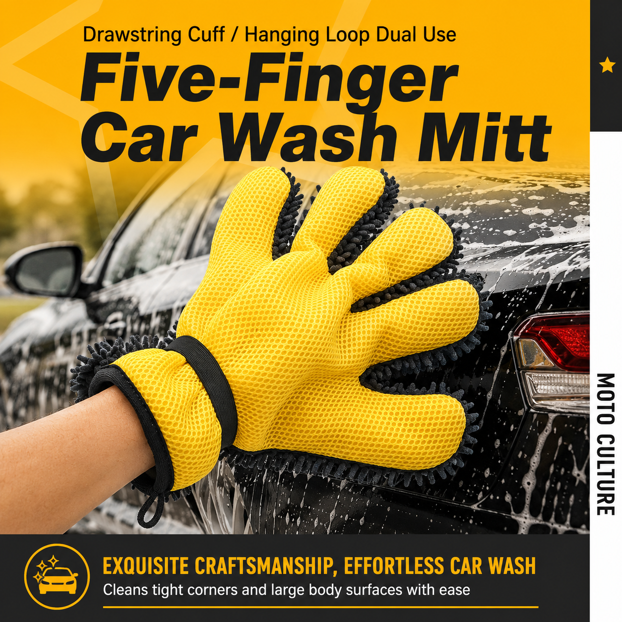 Five Finger Car Wash Glove Chenille Microfiber Cleaning Mitt Soft Scratch-Free Auto Wash Glove Breathable Mesh Wash Mitt with Elastic Wrist Strap for Cars Wheels Windows Motorcycle, 1 Piece