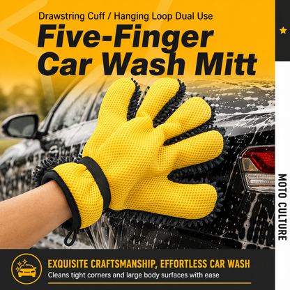 Five Finger Car Wash Glove Chenille Microfiber Cleaning Mitt Soft Scratch-Free Auto Wash Glove Breathable Mesh Wash Mitt with Elastic Wrist Strap for Cars Wheels Windows Motorcycle, 1 Piece