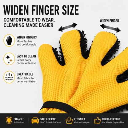 Five Finger Car Wash Glove Chenille Microfiber Cleaning Mitt Soft Scratch-Free Auto Wash Glove Breathable Mesh Wash Mitt with Elastic Wrist Strap for Cars Wheels Windows Motorcycle, 1 Piece