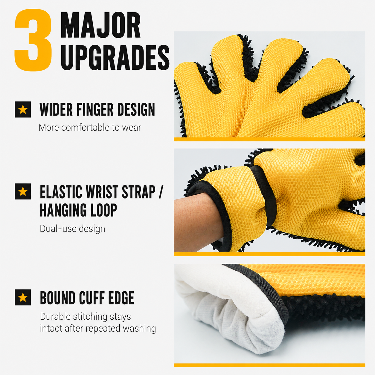 Five Finger Car Wash Glove Chenille Microfiber Cleaning Mitt Soft Scratch-Free Auto Wash Glove Breathable Mesh Wash Mitt with Elastic Wrist Strap for Cars Wheels Windows Motorcycle, 1 Piece