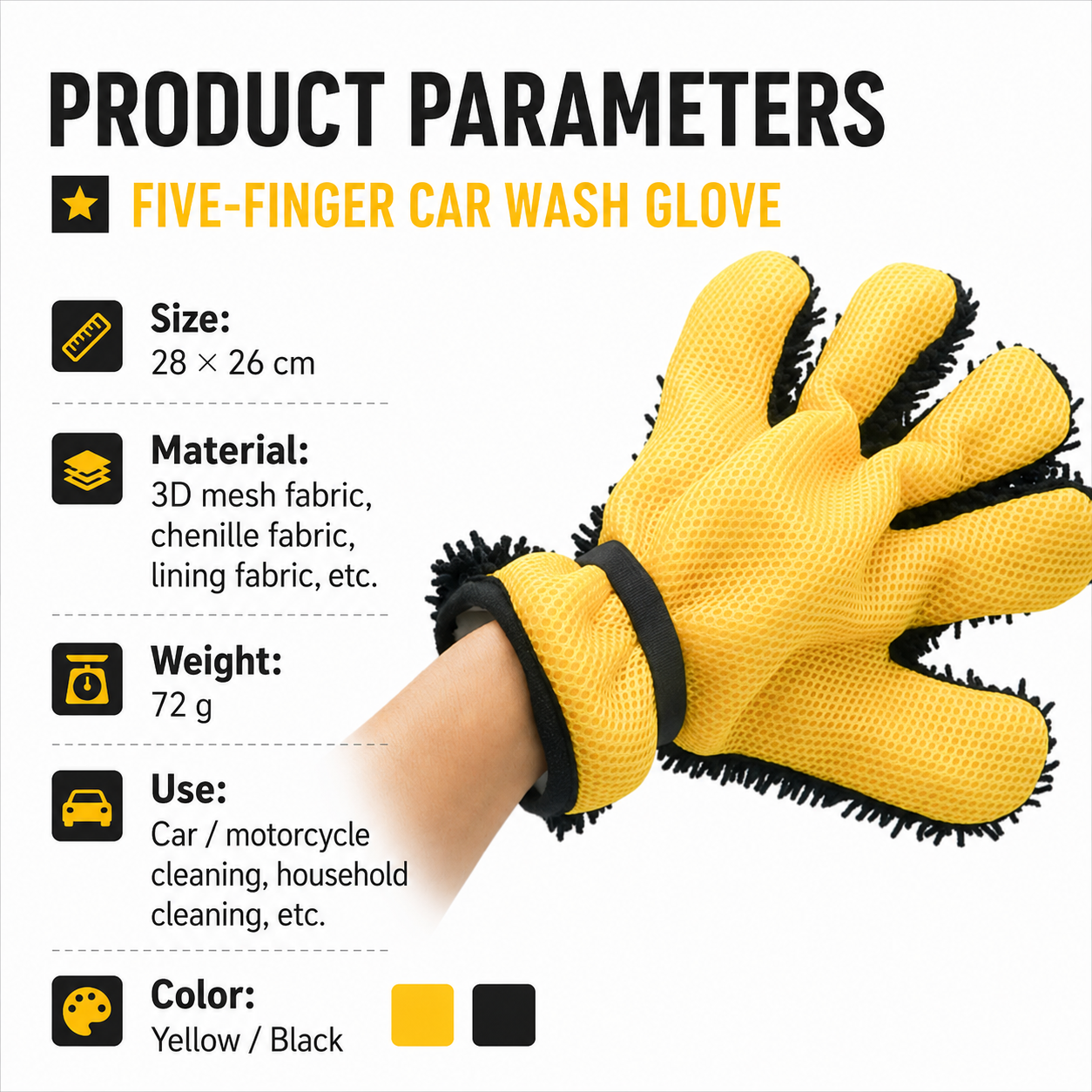 Five Finger Car Wash Glove Chenille Microfiber Cleaning Mitt Soft Scratch-Free Auto Wash Glove Breathable Mesh Wash Mitt with Elastic Wrist Strap for Cars Wheels Windows Motorcycle, 1 Piece