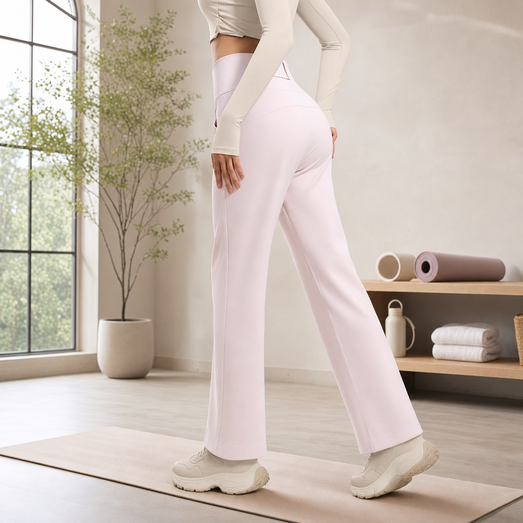 Pink Women's High Waisted Straight Leg Yoga Pants (S size)- Spandex Activewear with Peach Shape Back Detail, Rear Waist Pocket and Relaxed Fit for Pilates and Casual Wear