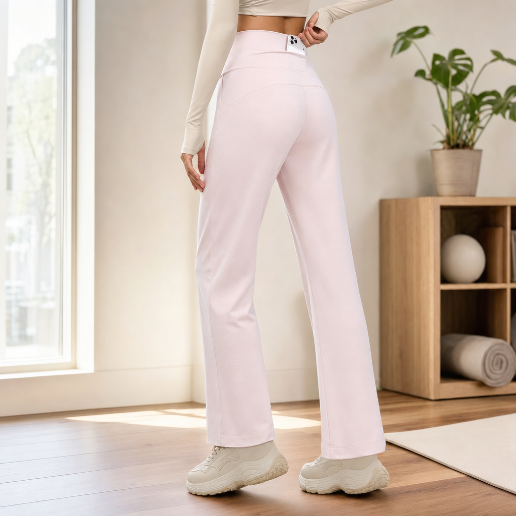 Pink Women's High Waisted Straight Leg Yoga Pants (M size)- Spandex Activewear with Peach Shape Back Detail, Rear Waist Pocket and Relaxed Fit for Pilates and Casual Wear