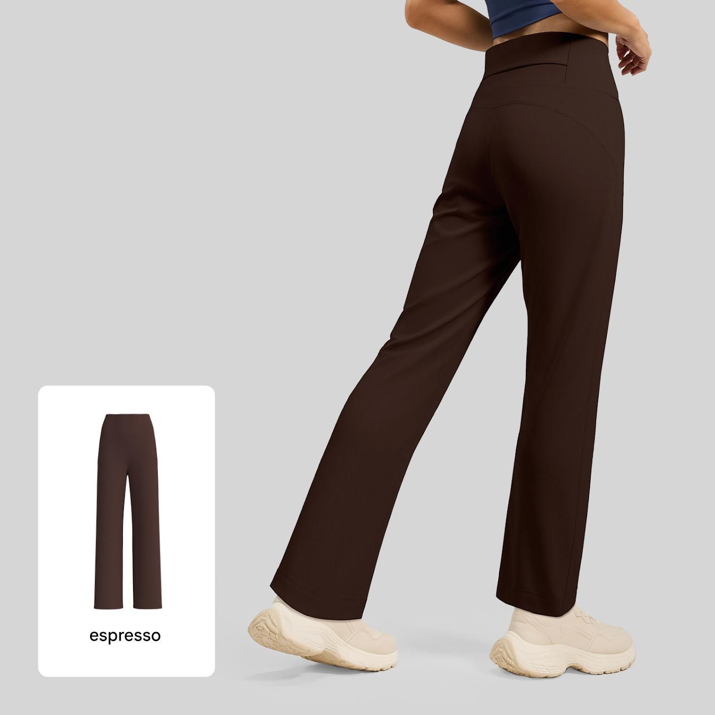 Women's High Waisted Straight Leg Yoga Pants (M size) - Coffee Brown, Relaxed Full Length Fit with Rear Waist Pocket for Yoga, Pilates, Walking and Everyday Athleisure
