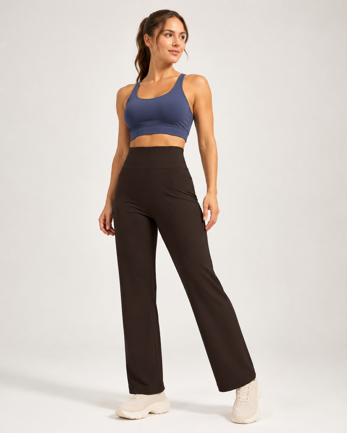 Women's High Waisted Straight Leg Yoga Pants (M size) - Coffee Brown, Relaxed Full Length Fit with Rear Waist Pocket for Yoga, Pilates, Walking and Everyday Athleisure