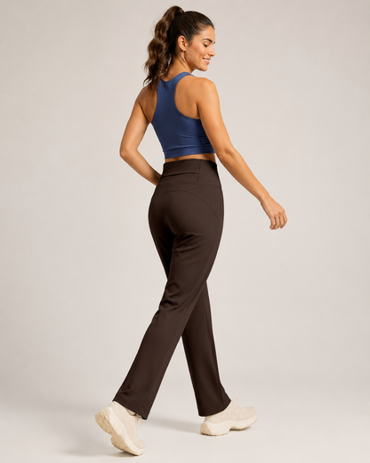 Women's High Waisted Straight Leg Yoga Pants (L size) - Coffee Brown, Relaxed Full Length Fit with Rear Waist Pocket for Yoga, Pilates, Walking and Everyday Athleisure