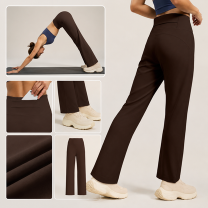 Women's High Waisted Straight Leg Yoga Pants (XXL size) - Coffee Brown, Relaxed Full Length Fit with Rear Waist Pocket for Yoga, Pilates, Walking and Everyday Athleisure