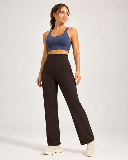 Women's High Waisted Straight Leg Yoga Pants (XXL size) - Coffee Brown, Relaxed Full Length Fit with Rear Waist Pocket for Yoga, Pilates, Walking and Everyday Athleisure