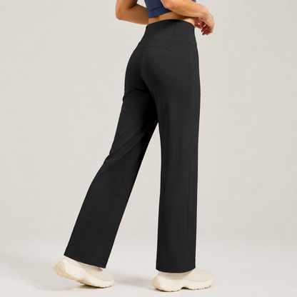 Black Womens High Waist Straight Leg Yoga Pants (M size)- Loose Fit Full Length Activewear with Rear Waistband Pocket for Pilates, Studio and Everyday Wear