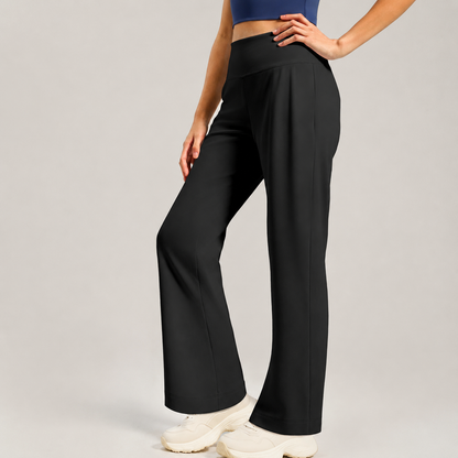 Black Womens High Waist Straight Leg Yoga Pants (L size)- Loose Fit Full Length Activewear with Rear Waistband Pocket for Pilates, Studio and Everyday Wear