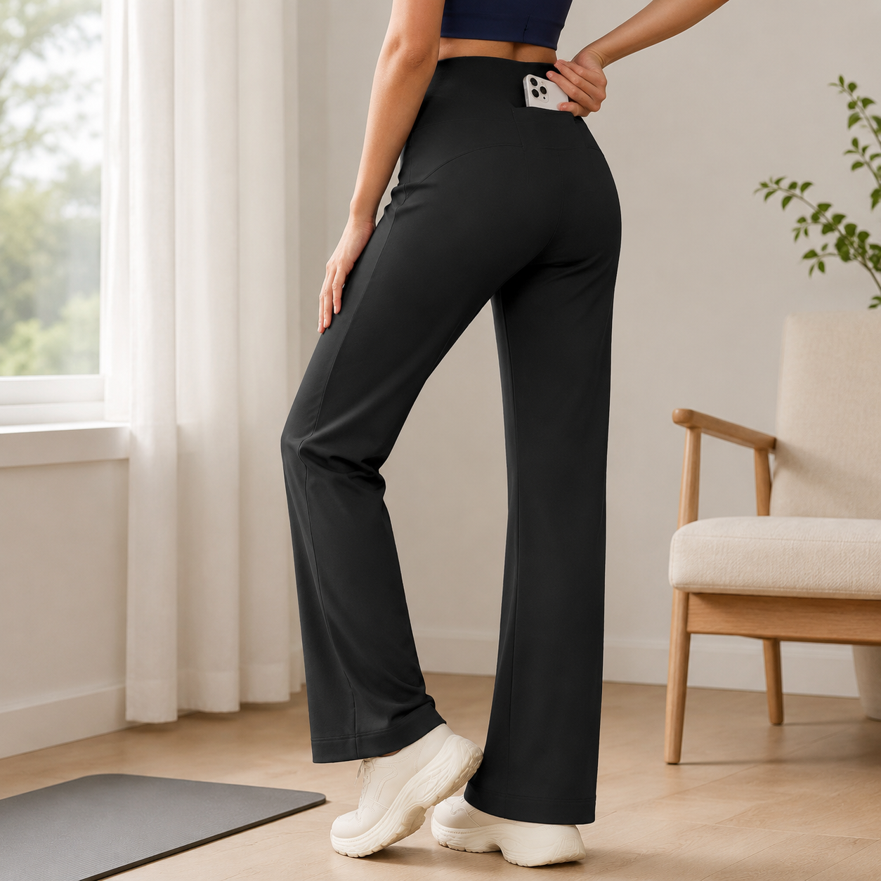 Black Womens High Waist Straight Leg Yoga Pants (L size)- Loose Fit Full Length Activewear with Rear Waistband Pocket for Pilates, Studio and Everyday Wear