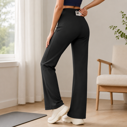 Black Womens High Waist Straight Leg Yoga Pants (L size)- Loose Fit Full Length Activewear with Rear Waistband Pocket for Pilates, Studio and Everyday Wear