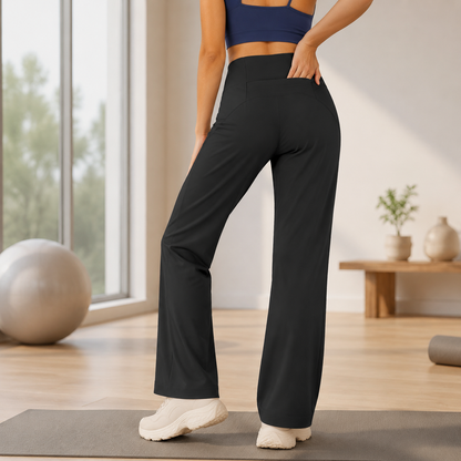 Black Womens High Waist Straight Leg Yoga Pants (XL size)- Loose Fit Full Length Activewear with Rear Waistband Pocket for Pilates, Studio and Everyday Wear