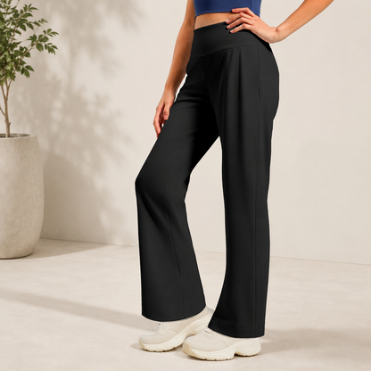 Black Womens High Waist Straight Leg Yoga Pants (XXL size)- Loose Fit Full Length Activewear with Rear Waistband Pocket for Pilates, Studio and Everyday Wear