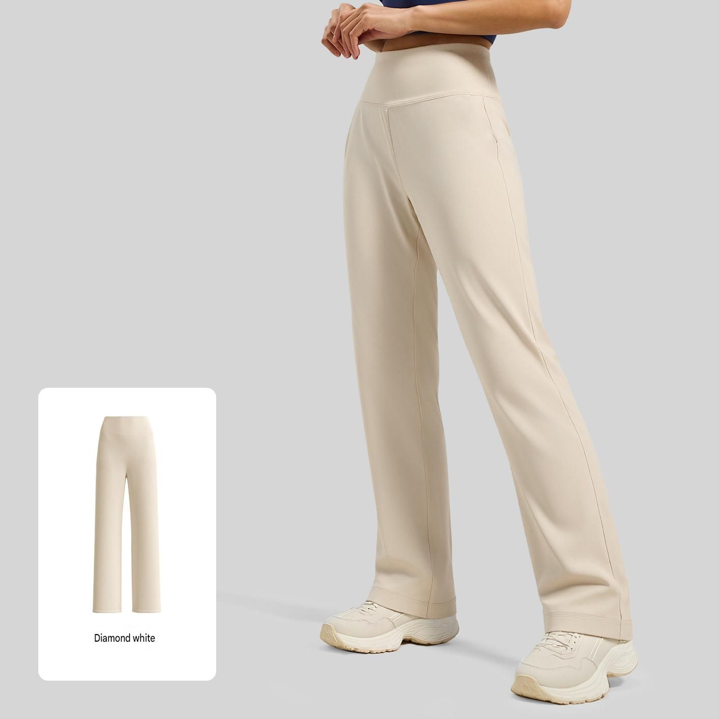 Women's High Waisted Straight Leg Yoga Pants (M size)- White Loose Fit Activewear with Back Waist Pocket for Pilates, Yoga, Gym, Walking and Everyday Lounge Wear