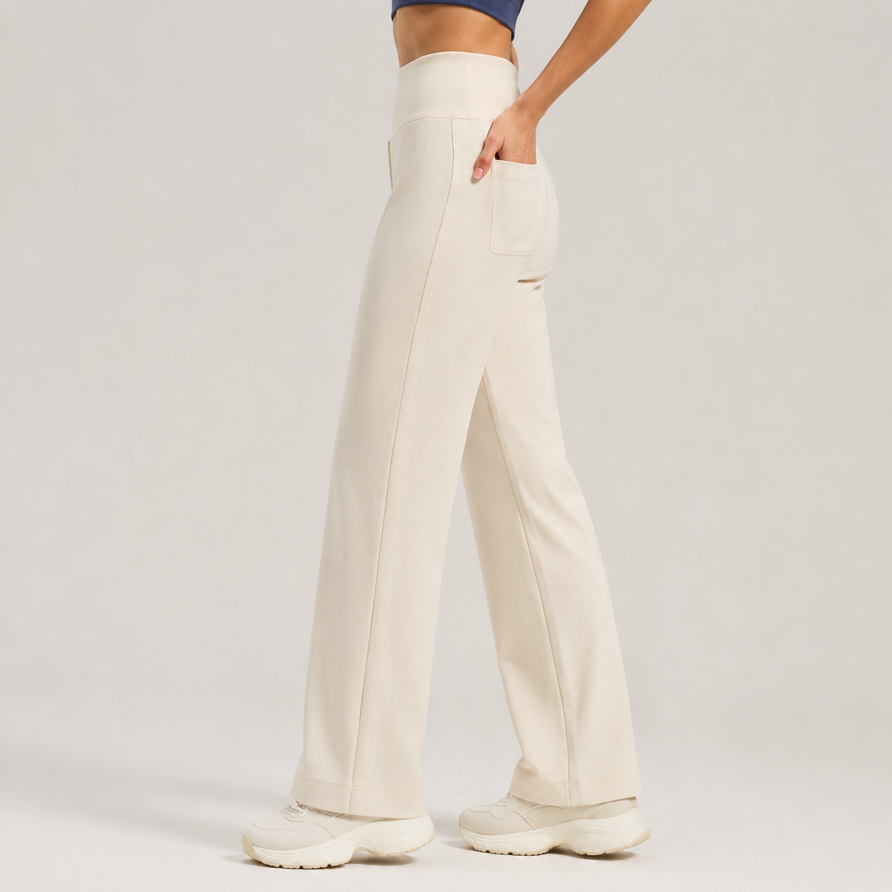Women's High Waisted Straight Leg Yoga Pants (M size)- White Loose Fit Activewear with Back Waist Pocket for Pilates, Yoga, Gym, Walking and Everyday Lounge Wear