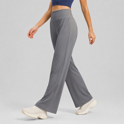Women's High Waist Yoga Pants (S size)- Grey Loose Straight Leg Full Length Trousers with Rear Waist Pocket for Pilates, Studio Workouts, Lounging and Casual Wear