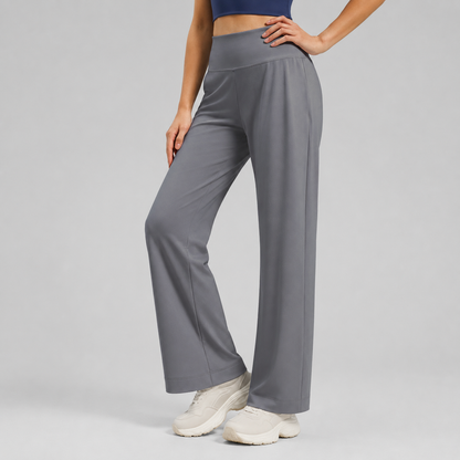 Women's High Waist Yoga Pants (M size)- Grey Loose Straight Leg Full Length Trousers with Rear Waist Pocket for Pilates, Studio Workouts, Lounging and Casual Wear