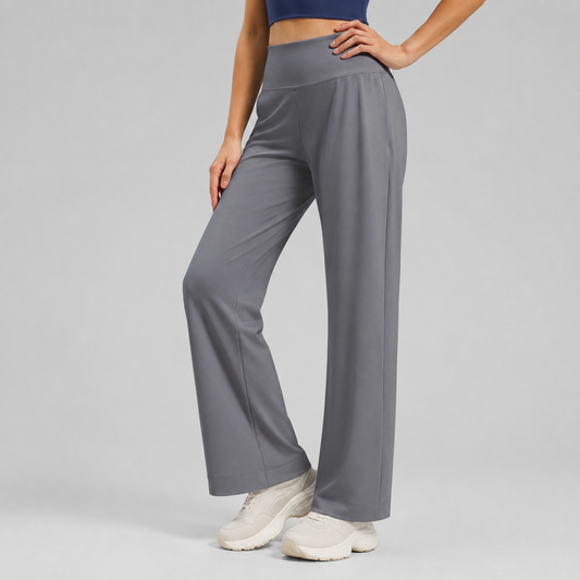 Women's High Waist Yoga Pants (L size)- Grey Loose Straight Leg Full Length Trousers with Rear Waist Pocket for Pilates, Studio Workouts, Lounging and Casual Wear