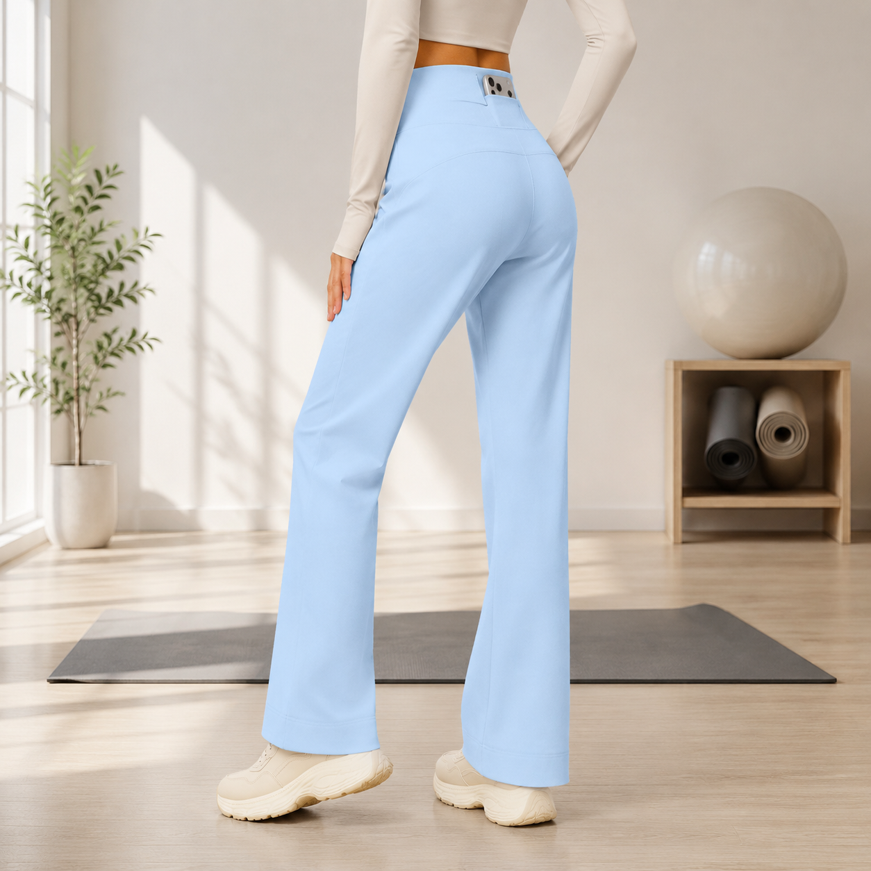Women's High Waist Yoga Pants (XXL size)- Blue Loose Straight Leg Full Length Trousers with Rear Waist Pocket for Pilates, Studio Workouts, Lounging and Casual Wear