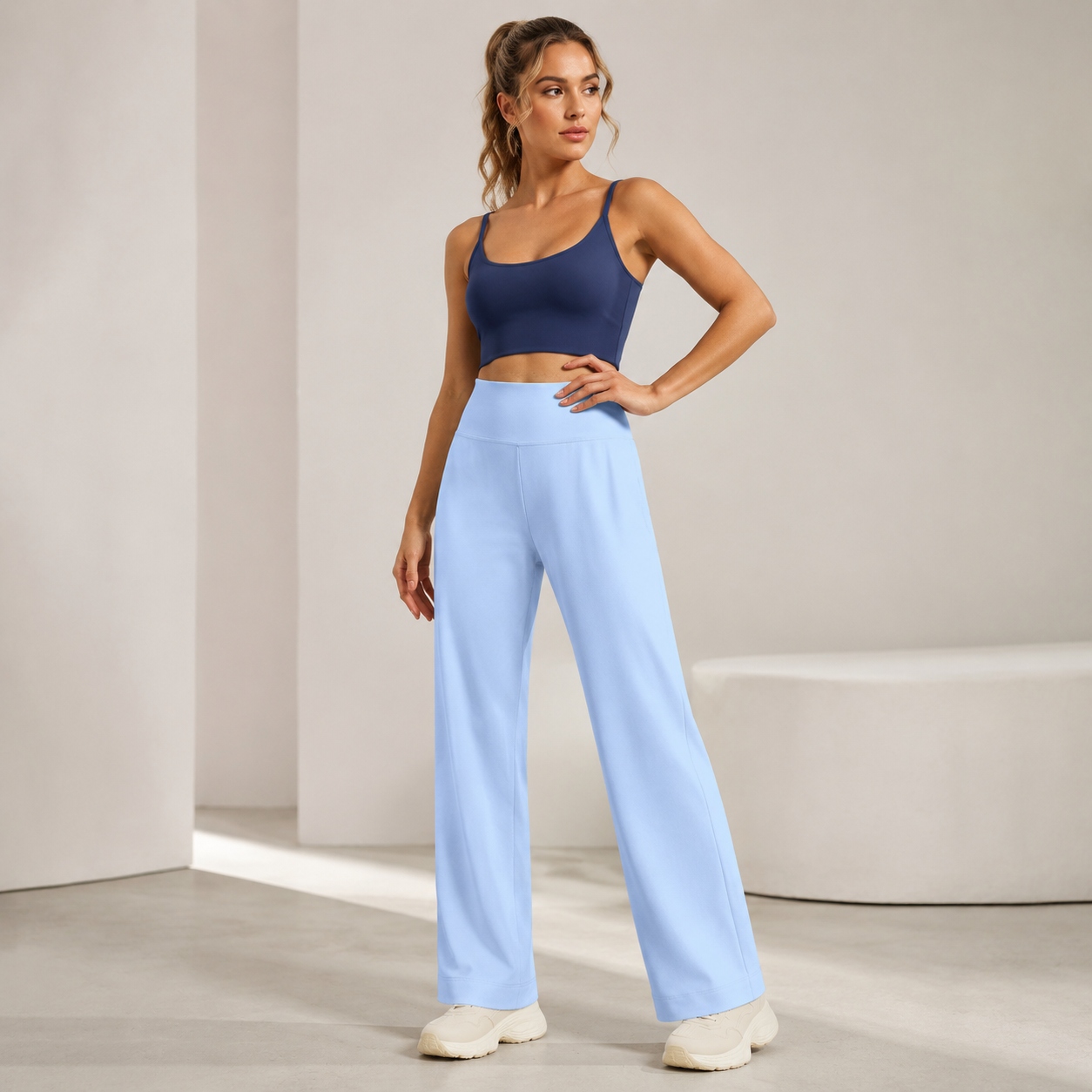 Women's High Waist Yoga Pants (XXL size)- Blue Loose Straight Leg Full Length Trousers with Rear Waist Pocket for Pilates, Studio Workouts, Lounging and Casual Wear