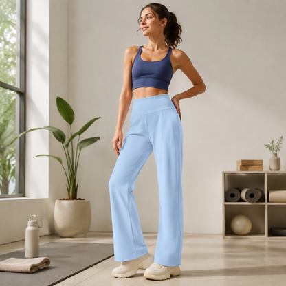 Women's High Waist Yoga Pants (XXL size)- Blue Loose Straight Leg Full Length Trousers with Rear Waist Pocket for Pilates, Studio Workouts, Lounging and Casual Wear