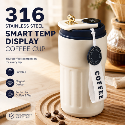 Smart Coffee Tumbler(Blue lid) 450ml Vacuum Insulated Travel Mugwith Temperature Display Leakproof Coffee Cup Portable Thermal Water Bottle for Office School Car Travel Home