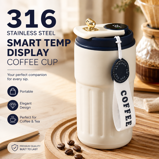 Smart Coffee Tumbler(Blue lid) 450ml Vacuum Insulated Travel Mugwith Temperature Display Leakproof Coffee Cup Portable Thermal Water Bottle for Office School Car Travel Home