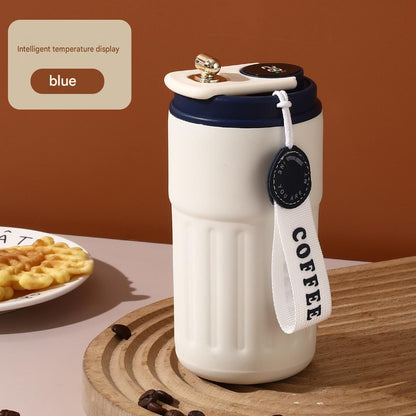 Smart Coffee Tumbler(Blue lid) 450ml Vacuum Insulated Travel Mugwith Temperature Display Leakproof Coffee Cup Portable Thermal Water Bottle for Office School Car Travel Home