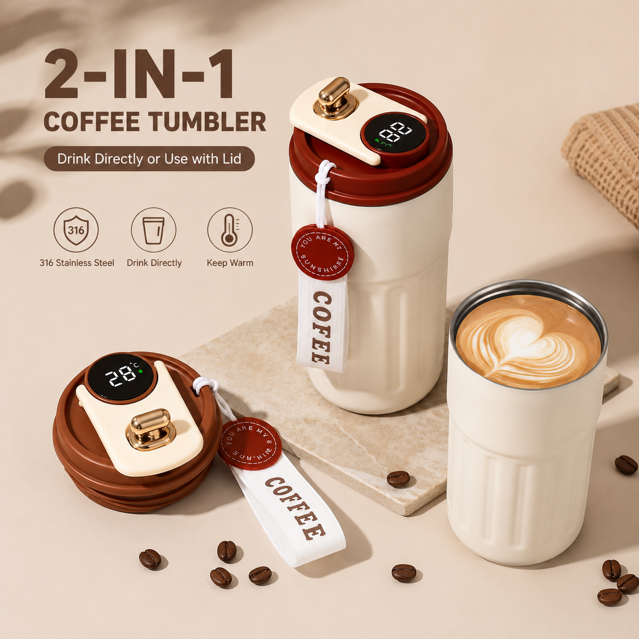 Smart Coffee Tumbler(Blue lid) 450ml Vacuum Insulated Travel Mugwith Temperature Display Leakproof Coffee Cup Portable Thermal Water Bottle for Office School Car Travel Home