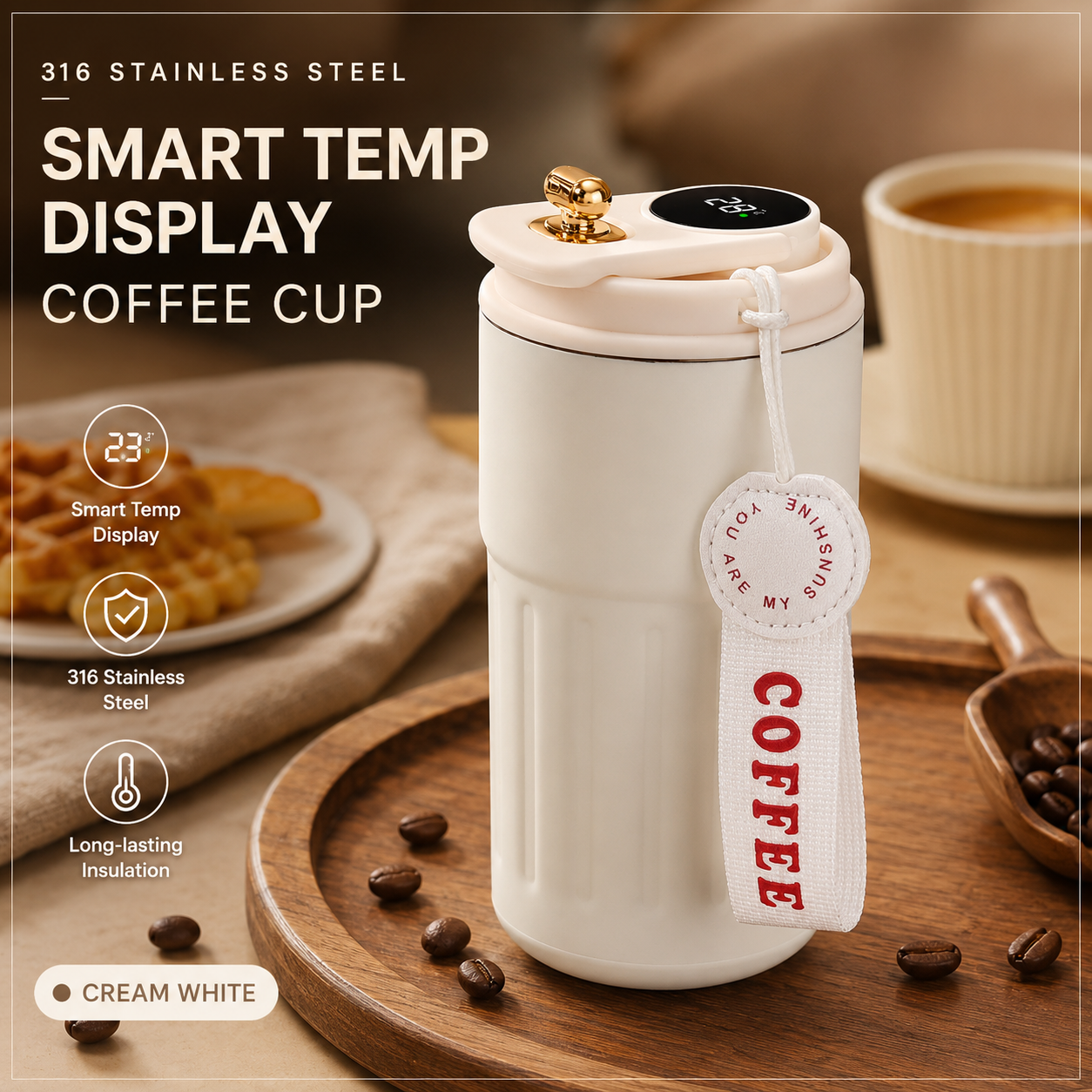Smart Coffee Tumbler(White lid) 450ml Vacuum Insulated Travel Mugwith Temperature Display Leakproof Coffee Cup Portable Thermal Water Bottle for Office School Car Travel Home