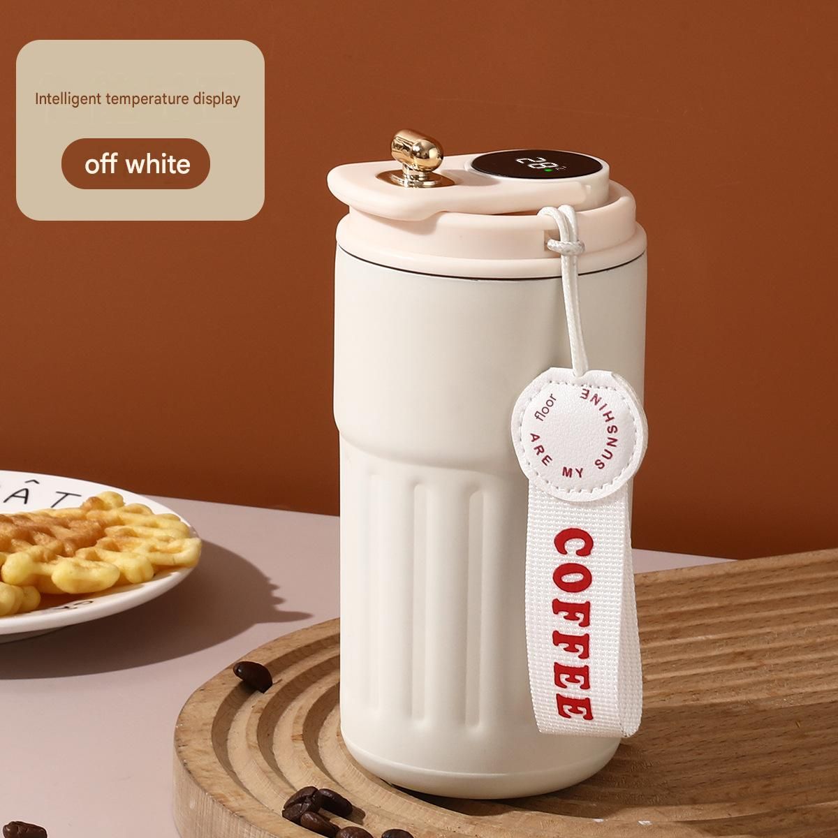 Smart Coffee Tumbler(White lid) 450ml Vacuum Insulated Travel Mugwith Temperature Display Leakproof Coffee Cup Portable Thermal Water Bottle for Office School Car Travel Home