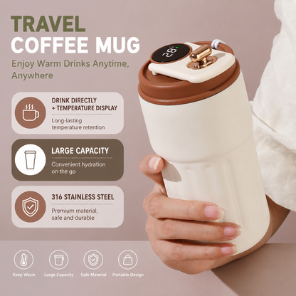 Smart Coffee Tumbler(White lid) 450ml Vacuum Insulated Travel Mugwith Temperature Display Leakproof Coffee Cup Portable Thermal Water Bottle for Office School Car Travel Home