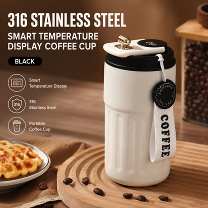 Smart Coffee Tumbler(Black lid) 450ml Vacuum Insulated Travel Mugwith Temperature Display Leakproof Coffee Cup Portable Thermal Water Bottle for Office School Car Travel Home