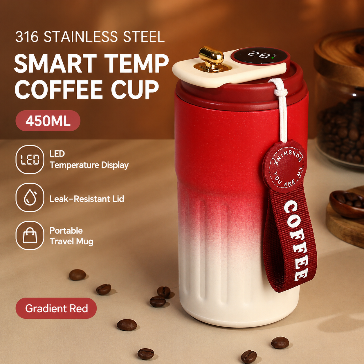 Smart Coffee Tumbler(Gradient red) 450ml Vacuum Insulated Travel Mugwith Temperature Display Leakproof Coffee Cup Portable Thermal Water Bottle for Office School Car Travel Home