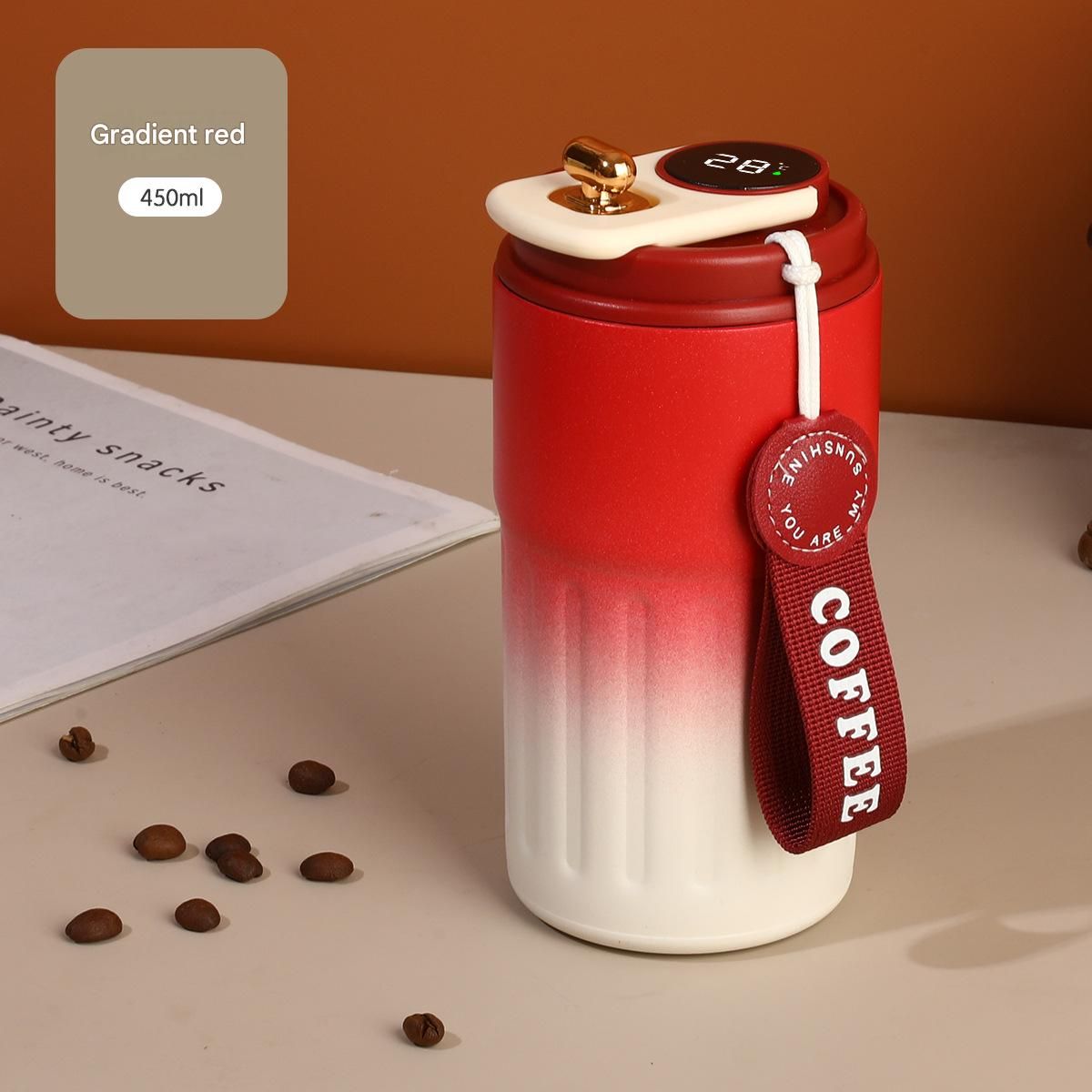 Smart Coffee Tumbler(Gradient red) 450ml Vacuum Insulated Travel Mugwith Temperature Display Leakproof Coffee Cup Portable Thermal Water Bottle for Office School Car Travel Home