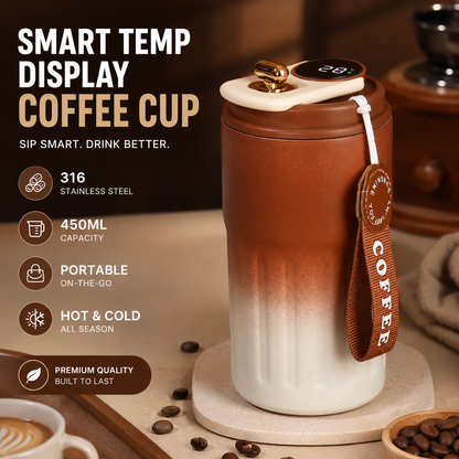 Smart Coffee Tumbler(Gradient brown) 450ml Vacuum Insulated Travel Mugwith Temperature Display Leakproof Coffee Cup Portable Thermal Water Bottle for Office School Car Travel Home