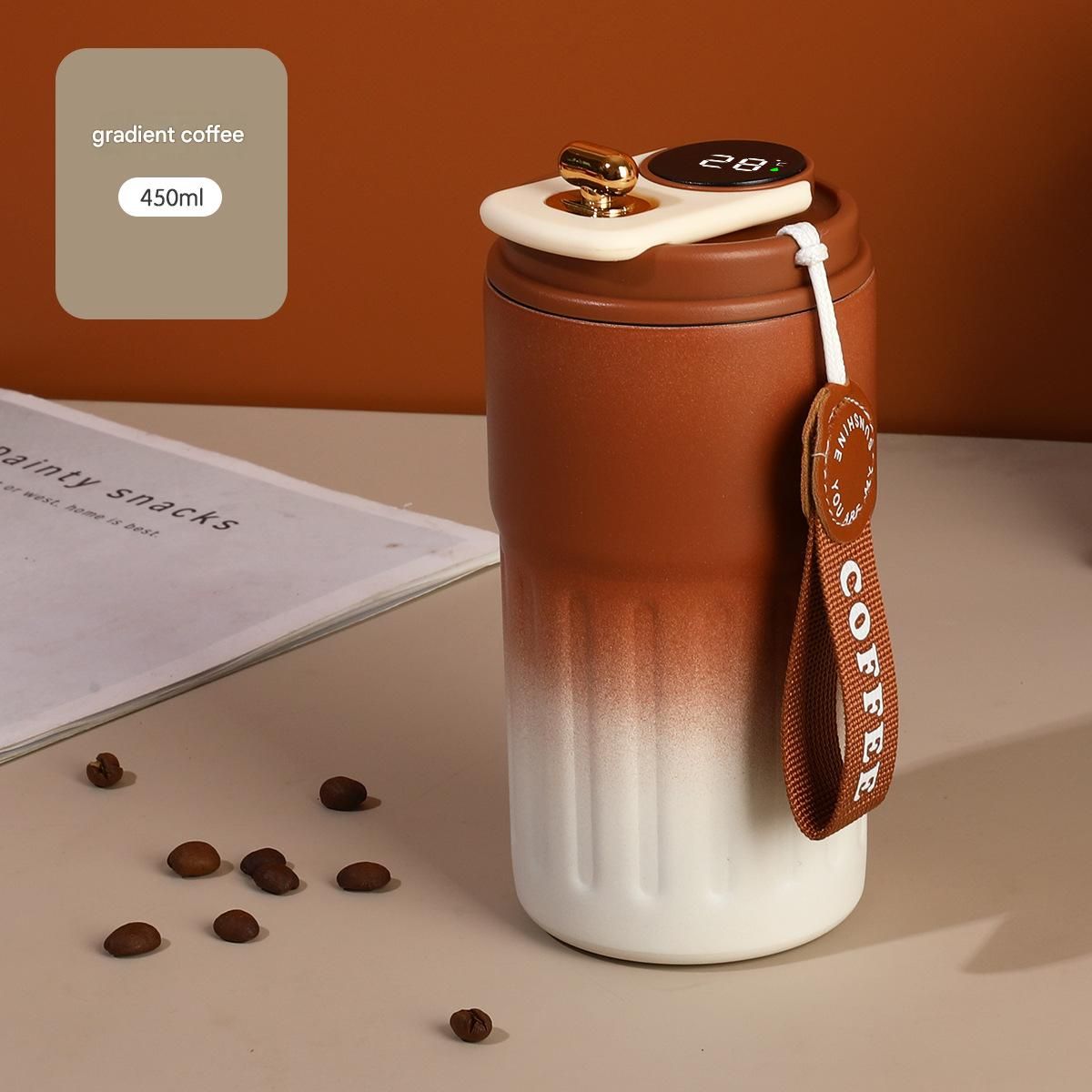 Smart Coffee Tumbler(Gradient brown) 450ml Vacuum Insulated Travel Mugwith Temperature Display Leakproof Coffee Cup Portable Thermal Water Bottle for Office School Car Travel Home