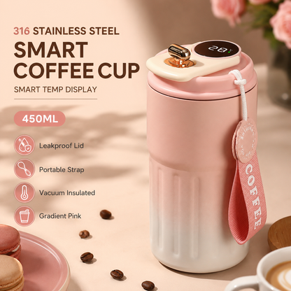 Smart Coffee Tumbler(Gradient Pink) 450ml Vacuum Insulated Travel Mugwith Temperature Display Leakproof Coffee Cup Portable Thermal Water Bottle for Office School Car Travel Home