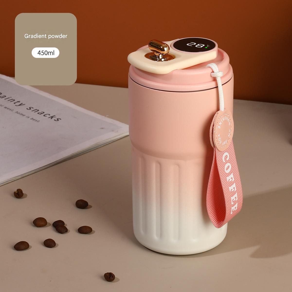 Smart Coffee Tumbler(Gradient Pink) 450ml Vacuum Insulated Travel Mugwith Temperature Display Leakproof Coffee Cup Portable Thermal Water Bottle for Office School Car Travel Home