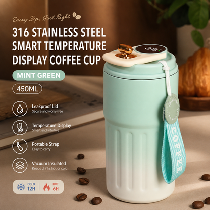 Smart Coffee Tumbler(Gradient Green) 450ml Vacuum Insulated Travel Mugwith Temperature Display Leakproof Coffee Cup Portable Thermal Water Bottle for Office School Car Travel Home