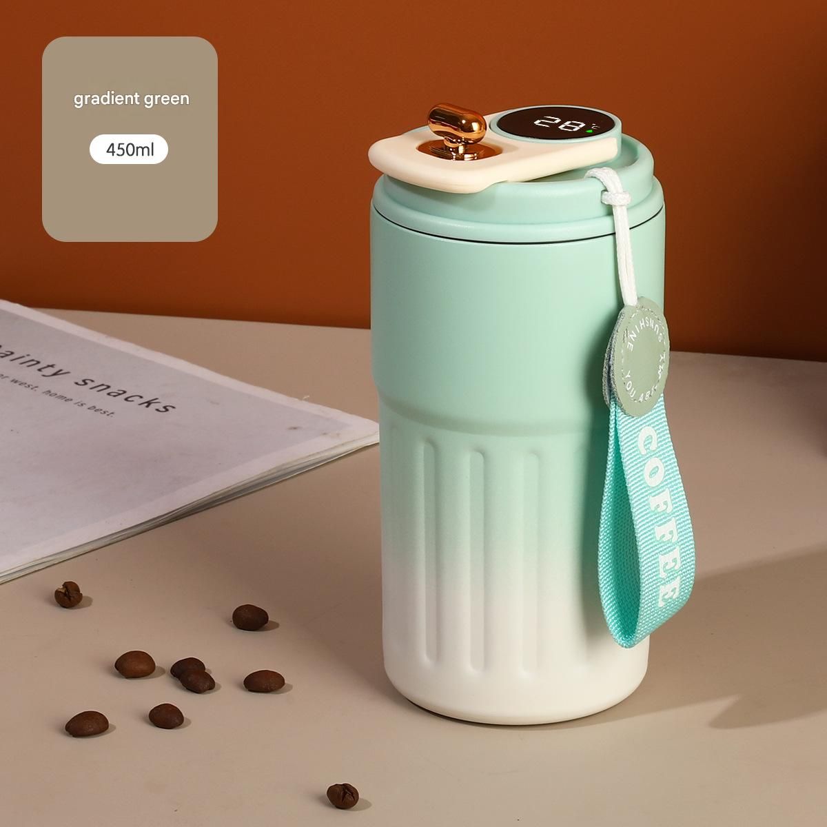 Smart Coffee Tumbler(Gradient Green) 450ml Vacuum Insulated Travel Mugwith Temperature Display Leakproof Coffee Cup Portable Thermal Water Bottle for Office School Car Travel Home