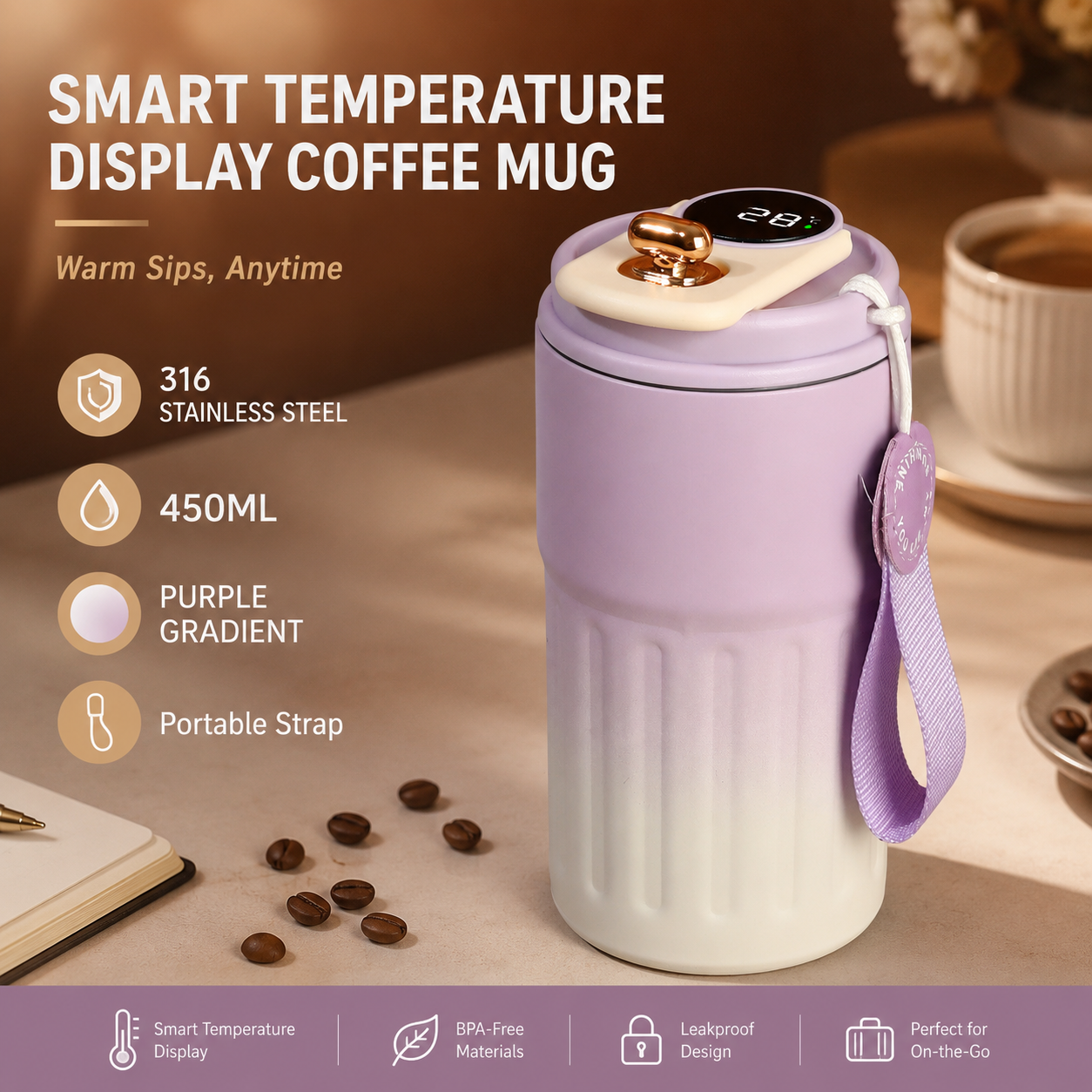Smart Coffee Tumbler(Gradient Purple) 450ml Vacuum Insulated Travel Mugwith Temperature Display Leakproof Coffee Cup Portable Thermal Water Bottle for Office School Car Travel Home