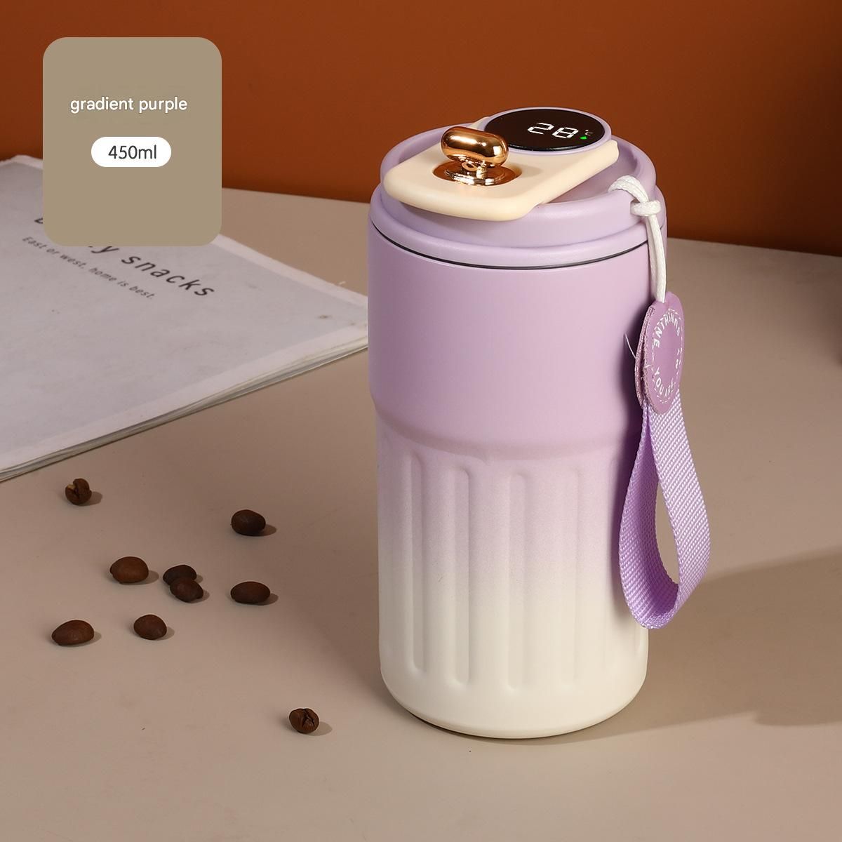 Smart Coffee Tumbler(Gradient Purple) 450ml Vacuum Insulated Travel Mugwith Temperature Display Leakproof Coffee Cup Portable Thermal Water Bottle for Office School Car Travel Home