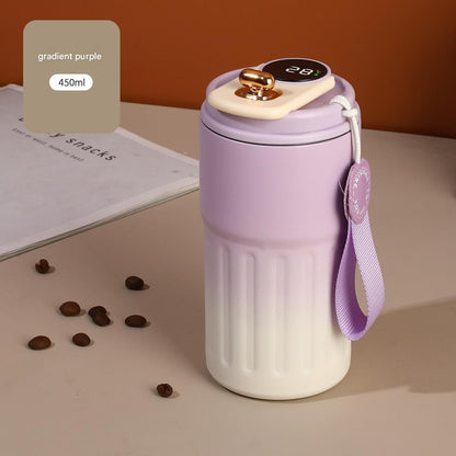 Smart Coffee Tumbler(Gradient Purple) 450ml Vacuum Insulated Travel Mugwith Temperature Display Leakproof Coffee Cup Portable Thermal Water Bottle for Office School Car Travel Home