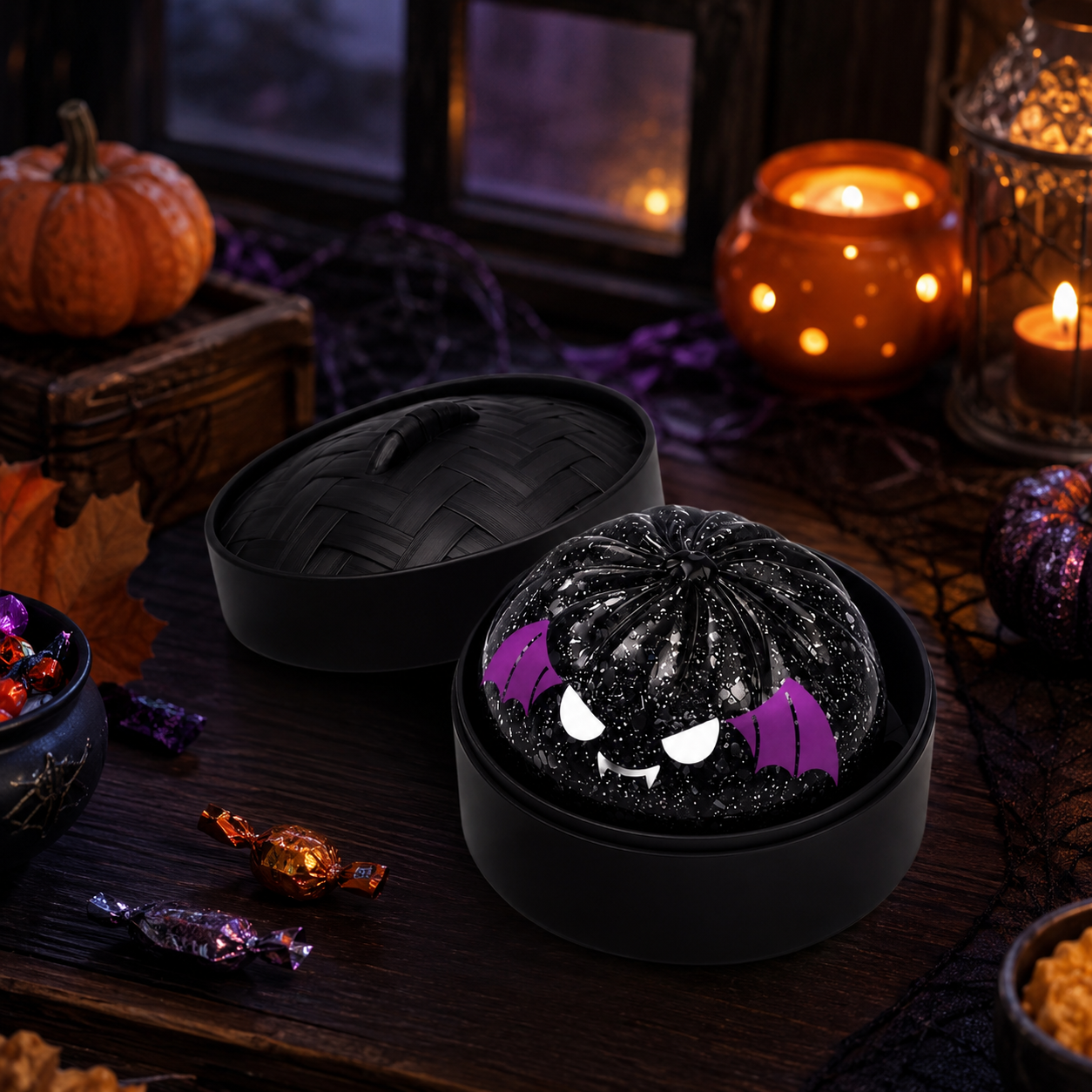 (Black Mini Bread) Halloween Slow-Rebound Soft Mini Bread Toy, 8.5cm, Stress-Relieving Squeeze Toy, Soft Food-Shaped Sensory Decompression Toy, with Storage Basket, Suitable for Teenagers and Adults, Party Gift